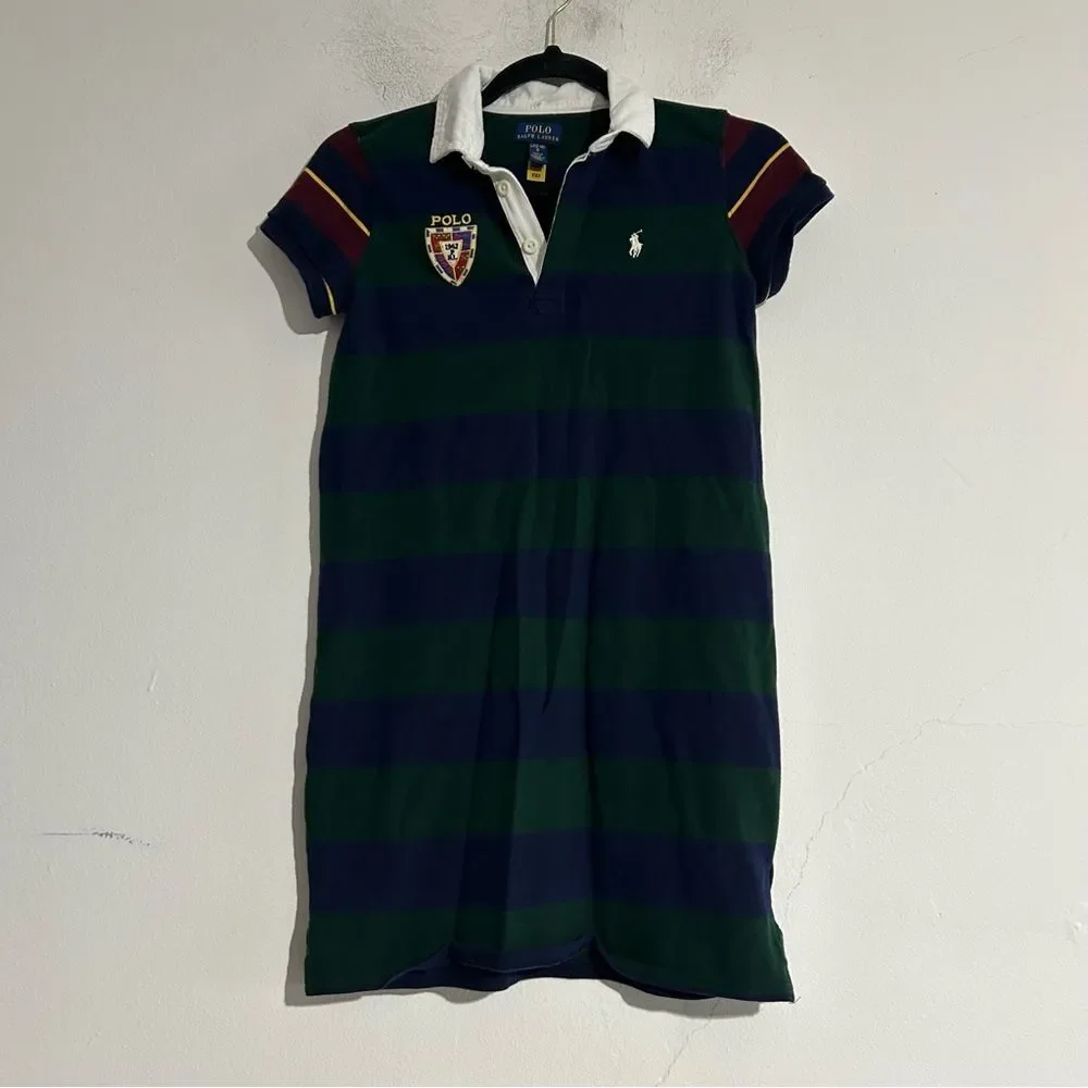 Polo Ralph Lauren Girl's Striped Stretch Mesh Rugby Dress Large Preppy Academia